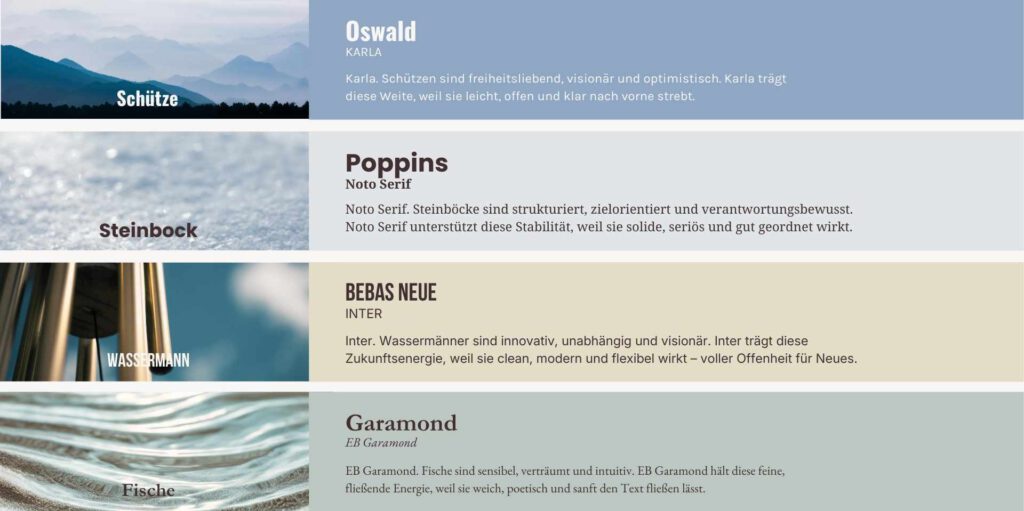 Schriftkombinationen die die Werte von den Sternzeichen Wiederspiegeln